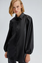 BALLOON SLEEVE FAUX LEATHER SHIRT
